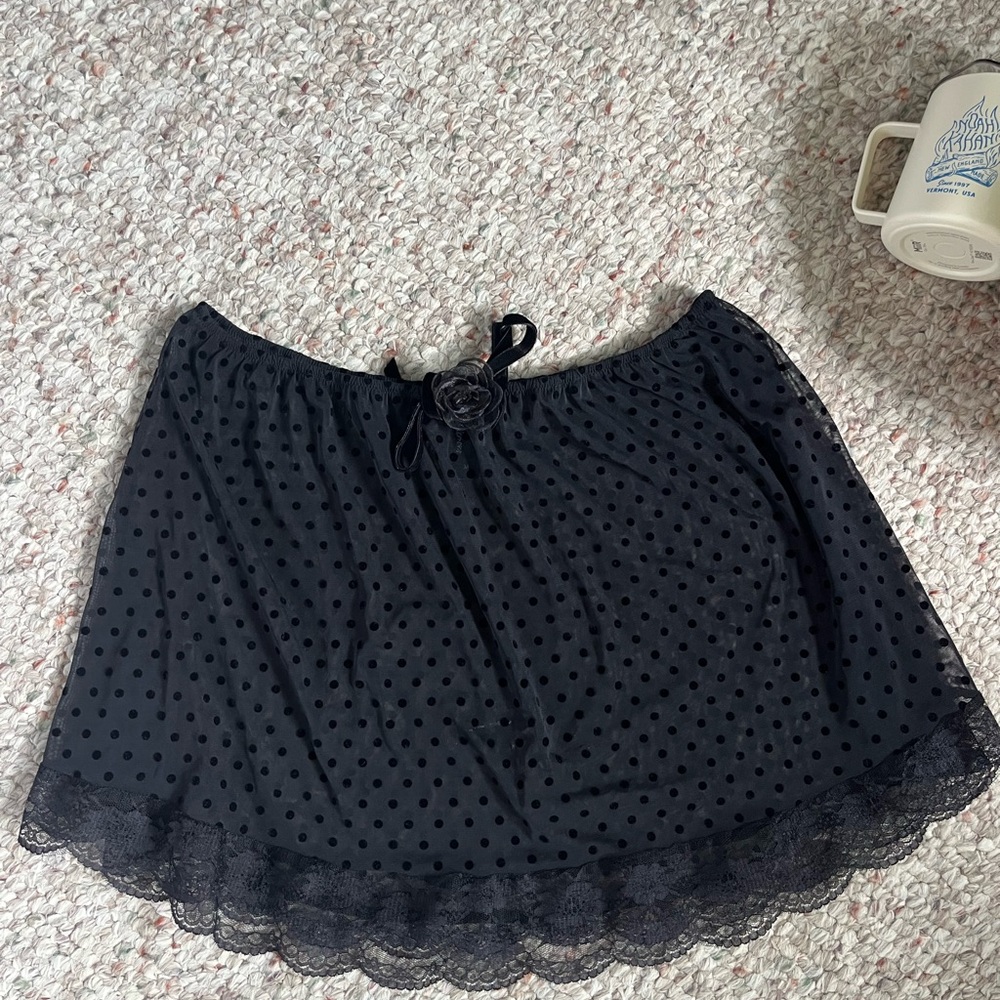 For Love And Lemons Black Polka Dot Lace Trim Chemise Slip